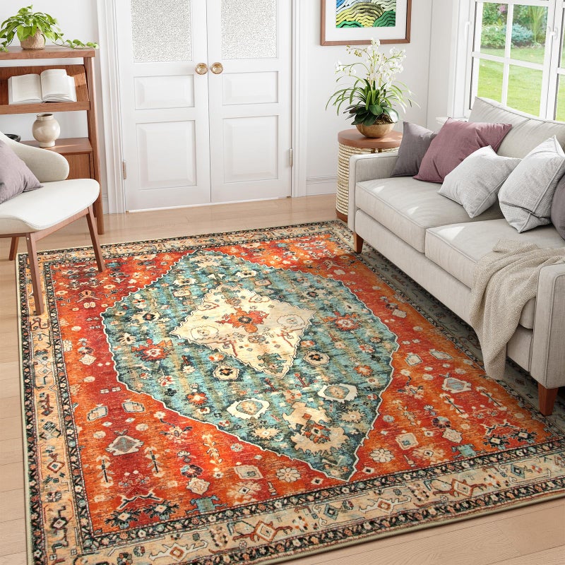 La Home Lahome Boho Tribal Square 8x8 Area Rug, Green Machine Washable Bedroom Rugs Soft Living Room Rug, Large Oriental Distressed Non Slip Non-Shedding Printed Floor Carpet for Den Dining Room Nursery - Image 1