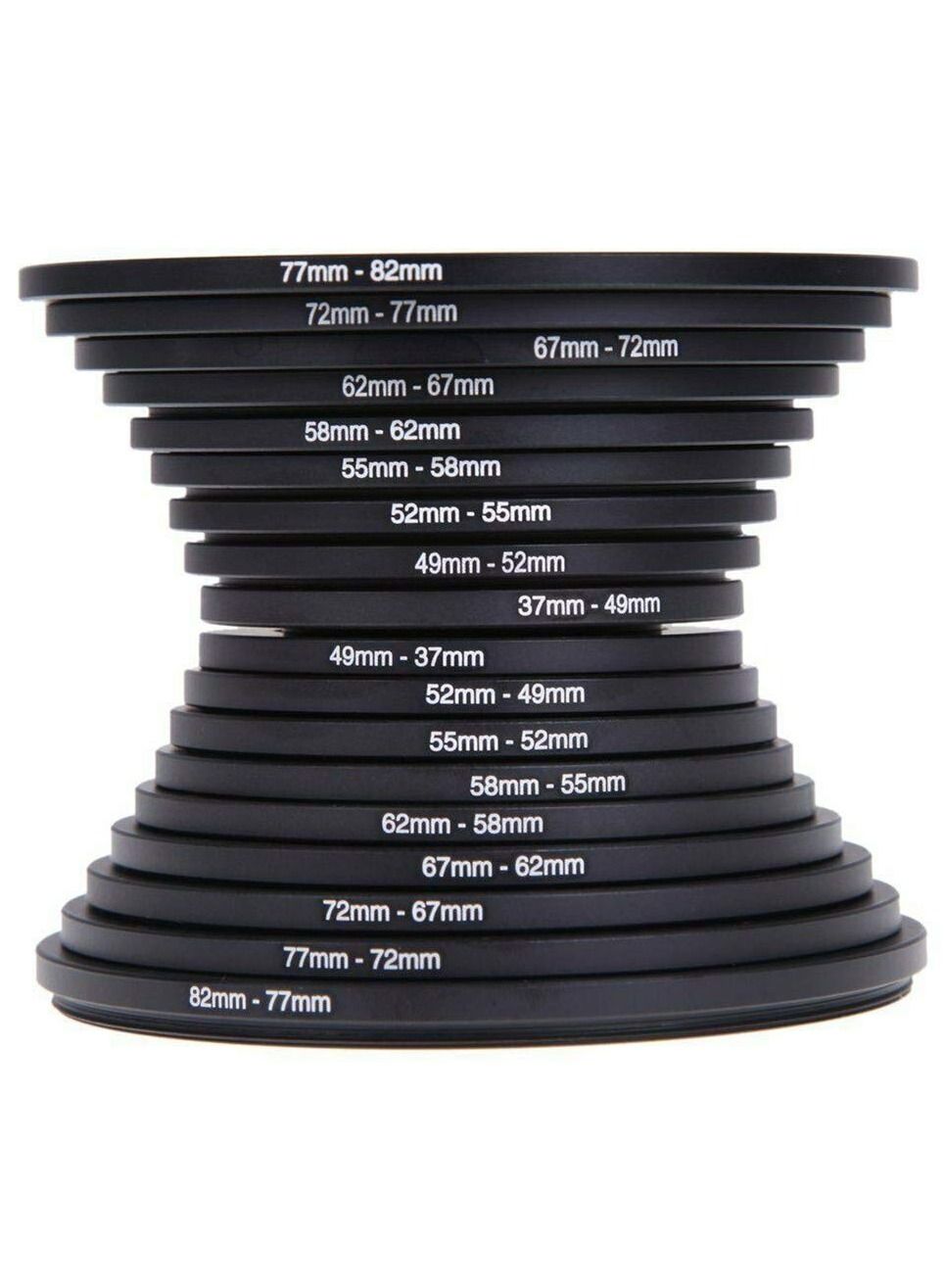 18pcs 37-49-52-55-58-62-67-72-77-82mm Metal Camera Lens Filter Ring Adapter Kit(9 Pieces Step Up Ring Setand+9 Pieces Step Down Ring Set) for Canon Nikon Sony Olympus DSLR Camera Black