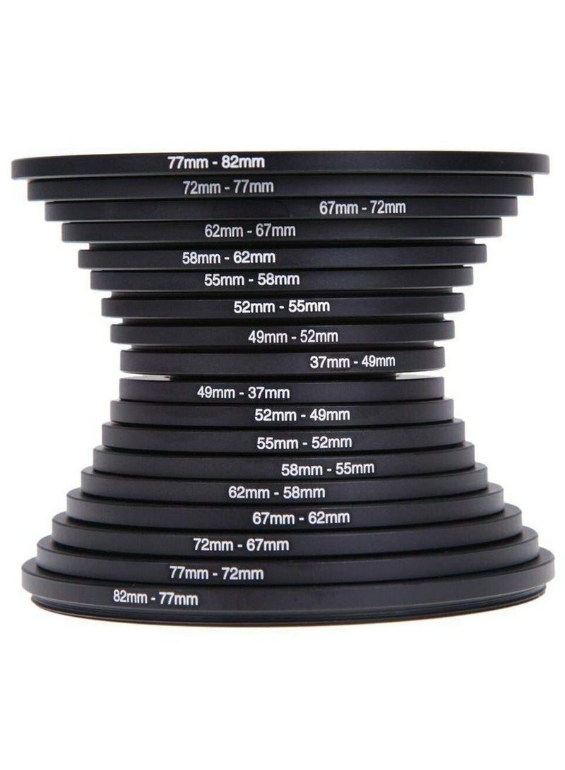 18pcs 37-49-52-55-58-62-67-72-77-82mm Metal Camera Lens Filter Ring Adapter Kit(9 Pieces Step Up Ring Setand+9 Pieces Step Down Ring Set) for Canon Nikon Sony Olympus DSLR Camera Black  - Image 1