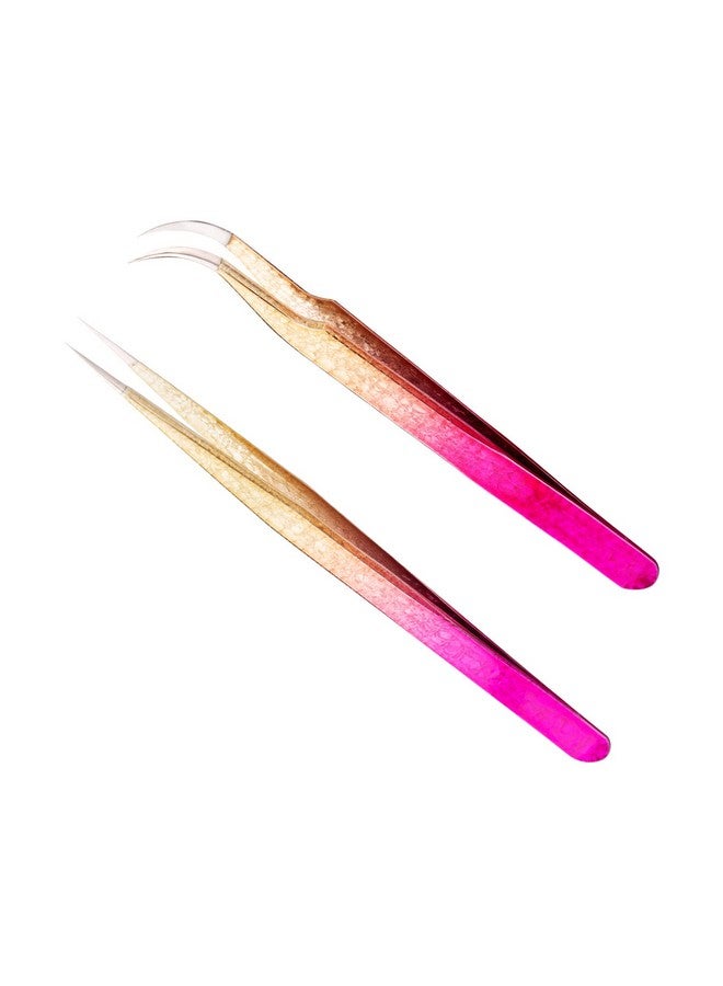 Miuffue ملقط مستقيم ومنحني مدبب لتمديد الرموش، مجموعة ملقط رموش مكونة من 2 قطعة، ملاقط تمديد رموش احترافية من الفولاذ المقاوم للصدأ للرموش الكثيفة والعزل والكلاسيكية - Image 2