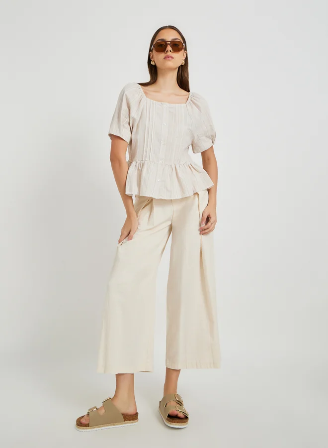 تايك تو Take Two Texture Puff Sleeve Buttoned Blouse