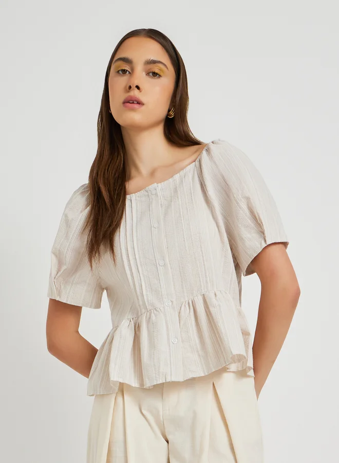 تايك تو Take Two Texture Puff Sleeve Buttoned Blouse