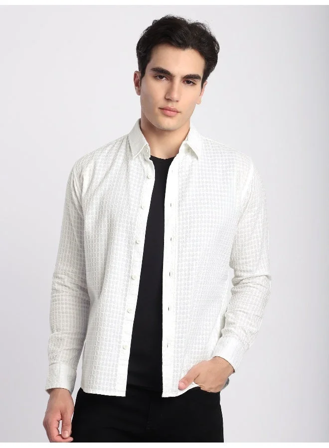 Beyoung White Jacquard Round Textured Shirt