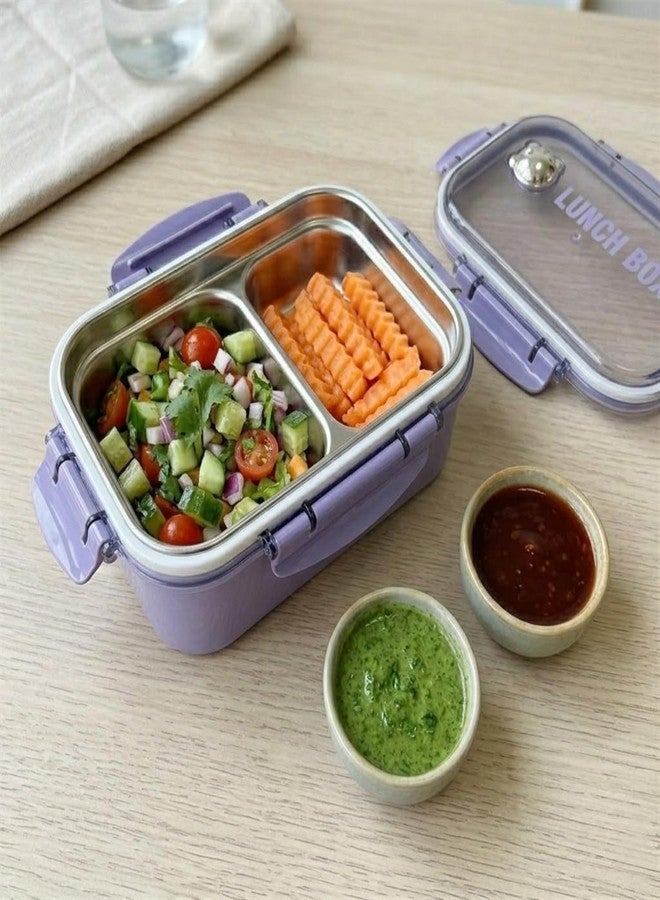 Akshify Stainless Steel Lunch Box 750ml 2 Compartment Leakproof Airtight Tiffin Box BPA Free Meal Prep Container with Lock Lid Spoon Fork for School Office Travel (1 Pcs) (Purple) - Image 4