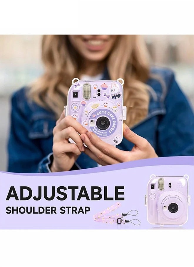 Generic 3 Pack Clear Purple Camera Case Compatible with Fujifilm Instax Mini 12 Instant Camera, Mini 12 Hard Case with Photo Pocket Holds on Back and Adjustable Shoulder Strap & Cute Camera Sticker  - Image 3
