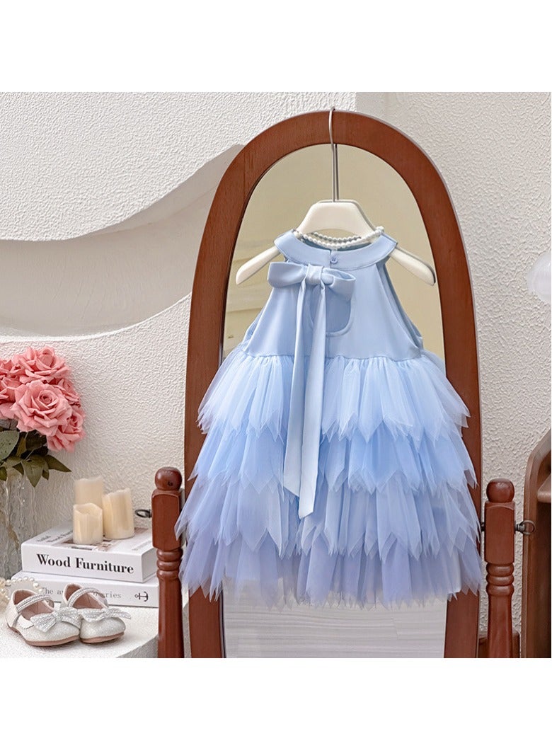 Baby-Blue Princess Dress with Layered Tulle Petal Skirt and Satin Back Bow for Girls 2–3 Y (90–100 cm, 12–15 kg), Polyester Party Outfit for Birthdays, Weddings, Photoshoots & Summer Playdates  - Image 4