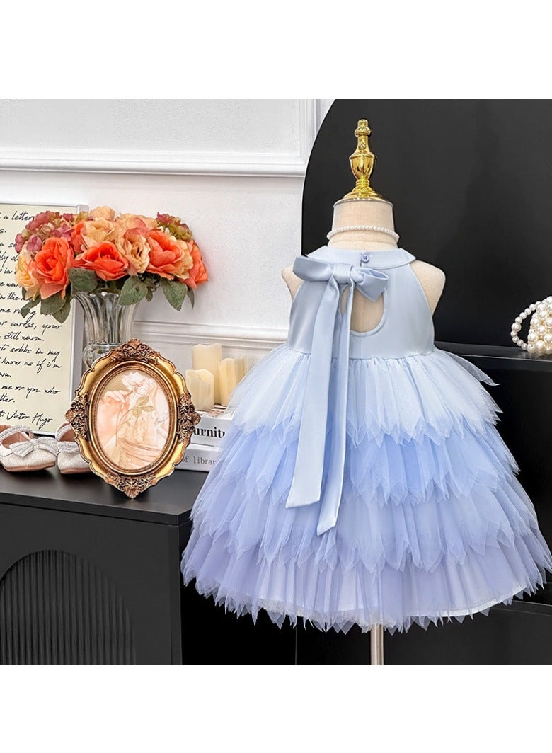 Baby-Blue Princess Dress with Layered Tulle Petal Skirt and Satin Back Bow for Girls 2–3 Y (90–100 cm, 12–15 kg), Polyester Party Outfit for Birthdays, Weddings, Photoshoots & Summer Playdates  - Image 2
