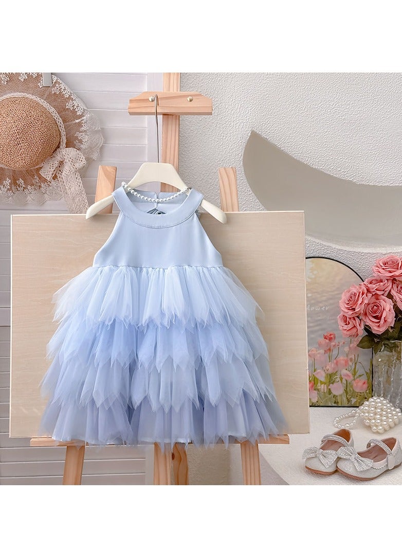 Baby-Blue Princess Dress with Layered Tulle Petal Skirt and Satin Back Bow for Girls 2–3 Y (90–100 cm, 12–15 kg), Polyester Party Outfit for Birthdays, Weddings, Photoshoots & Summer Playdates  - Image 3