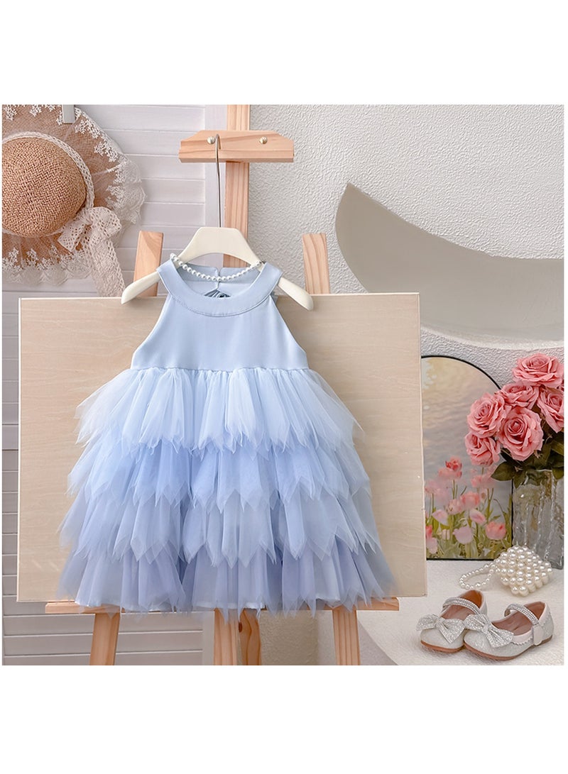 Baby-Blue Princess Dress with Layered Tulle Petal Skirt and Satin Back Bow for Girls 2–3 Y (90–100 cm, 12–15 kg), Polyester Party Outfit for Birthdays, Weddings, Photoshoots & Summer Playdates  - Image 5