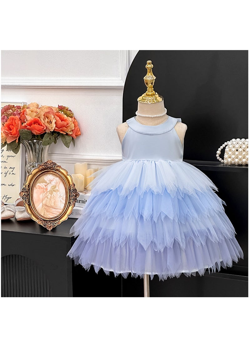 Baby-Blue Princess Dress with Layered Tulle Petal Skirt and Satin Back Bow for Girls 2–3 Y (90–100 cm, 12–15 kg), Polyester Party Outfit for Birthdays, Weddings, Photoshoots & Summer Playdates  - Image 1