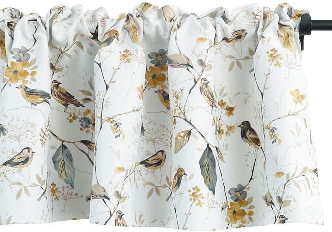 GRAY BIRDS VALANCE FOR KITCHEN WINDOWS FLORAL PRINT WINDOW SHADES ROD POCKET CURTAIN VALANCES FOR CAFE FARMHOUSE 52X14 ONE PIECE