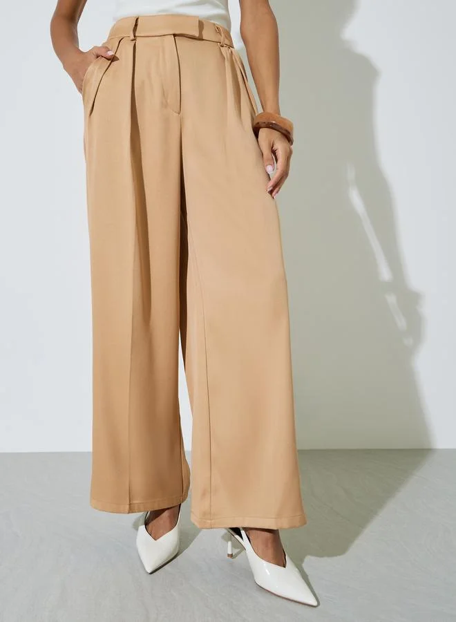 ستايلي Beige Wide Leg Formal Trousers with Pleat Detail
