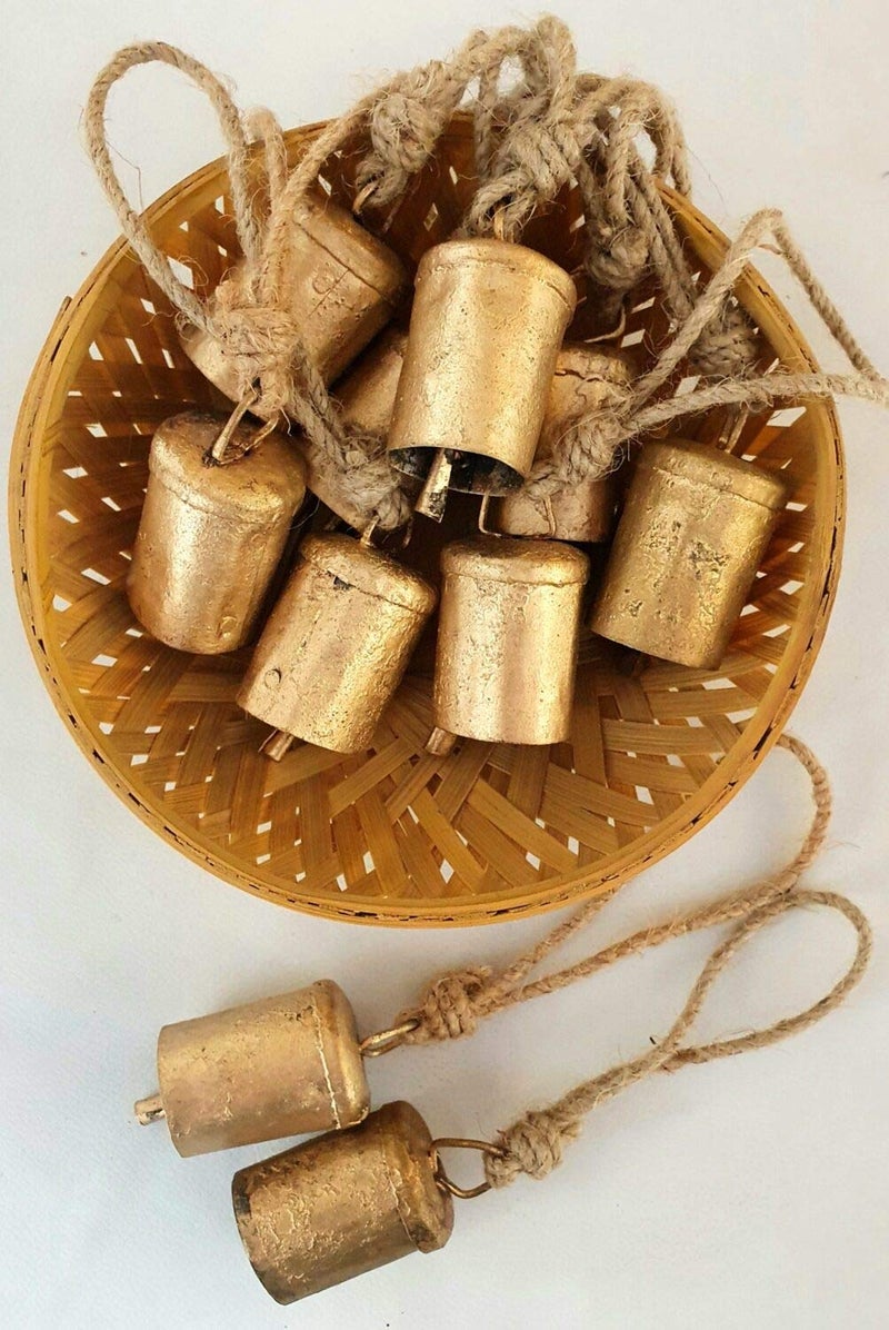 Carfar Set of 10 Vintage Rustic Tin Bells Wall Hanging Dcor 6cm Big Bells On Jute Rope Christmas Hanging Jingle Bells Cylinder