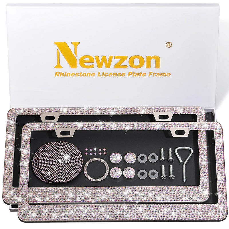 Newzon AB Bedazzled Crystal Car License Plate Cover 2 Pieces Color Bling License Plate Frames with High End Ribbon Gift Box Diamond Car Accessories with Coaster Rhinestone Ignition Ring for Women - Image 3
