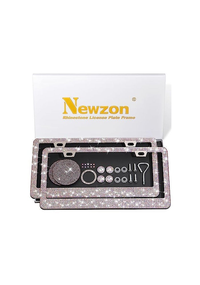 Newzon AB Bedazzled Crystal Car License Plate Cover 2 Pieces Color Bling License Plate Frames with High End Ribbon Gift Box Diamond Car Accessories with Coaster Rhinestone Ignition Ring for Women - Image 1