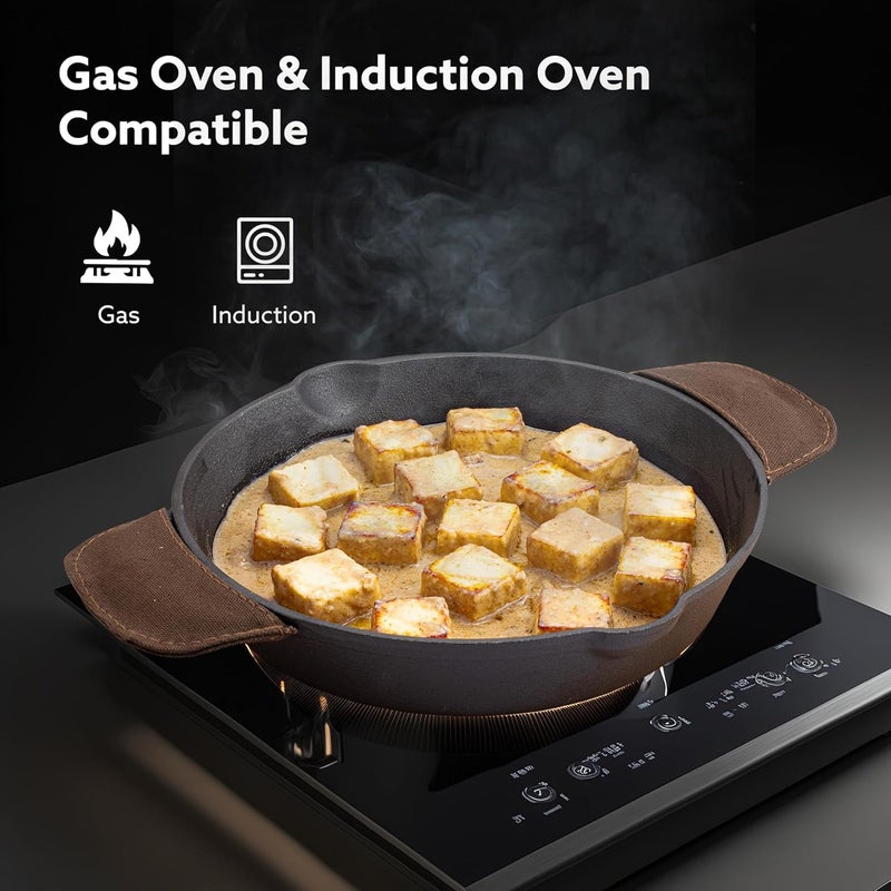 AGARO Royal Pre Seasoned Cast Iron Deep Fry Pan, 25 cm Diameter, 1.8L Capacity, No Chemical Coating, Rigid Handles, Fast Heating, Heavy Weight, Gas Oven & Induction Compatible, Frying, Deep Frying - Image 3