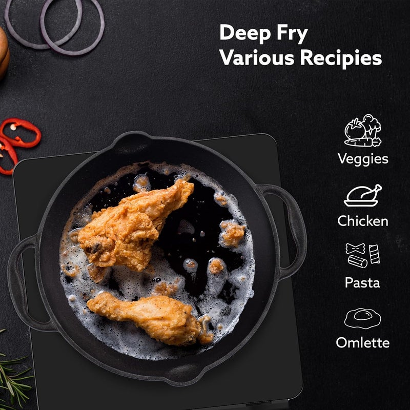 AGARO Royal Pre Seasoned Cast Iron Deep Fry Pan, 25 cm Diameter, 1.8L Capacity, No Chemical Coating, Rigid Handles, Fast Heating, Heavy Weight, Gas Oven & Induction Compatible, Frying, Deep Frying - Image 5