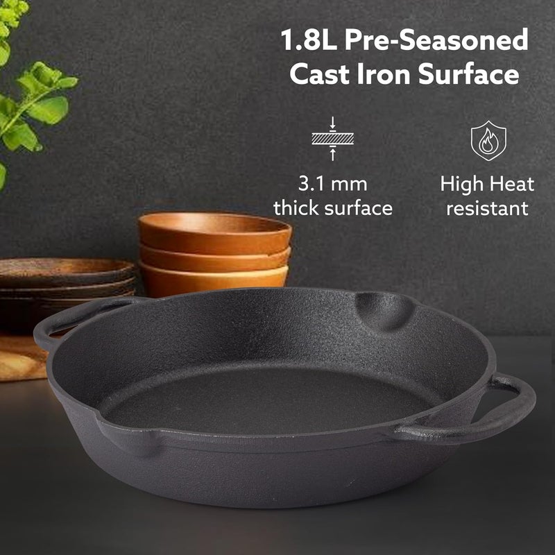AGARO Royal Pre Seasoned Cast Iron Deep Fry Pan, 25 cm Diameter, 1.8L Capacity, No Chemical Coating, Rigid Handles, Fast Heating, Heavy Weight, Gas Oven & Induction Compatible, Frying, Deep Frying - Image 2