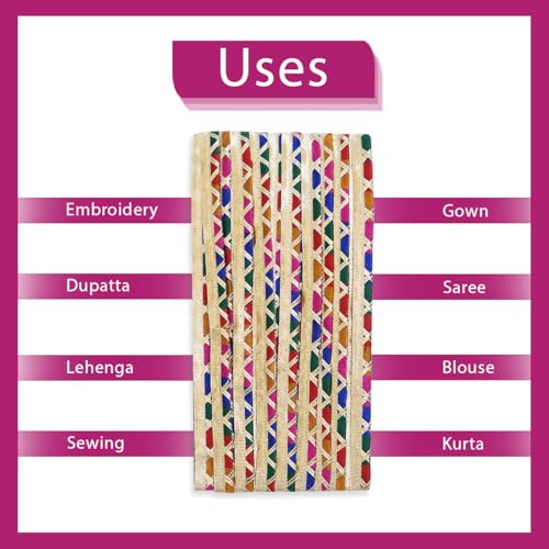 EmbroideryMaterial Laces and Borders Material Golden Gota Patti Lace for Saree Border, Dresses, Dupatta, Blouse, Kurta, Embroidery & Sewing (Multicolor & Gold, 8 Meters, 12 MM Wide) - Image 5