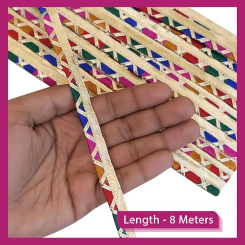 EmbroideryMaterial Laces and Borders Material Golden Gota Patti Lace for Saree Border, Dresses, Dupatta, Blouse, Kurta, Embroidery & Sewing (Multicolor & Gold, 8 Meters, 12 MM Wide) - Image 4