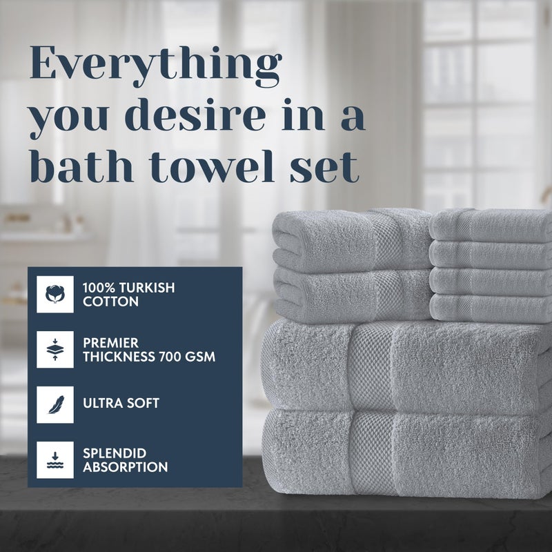 White Classic Luxury Bath Towel Set of 8 Pieces - 100% Turkish Cotton Highly Absorbent Towels for Bathroom, 2 Luxury Bath Towels 700GSM, 2 Hand Towels, 4 Washcloths, Dolphin Gray - Image 2