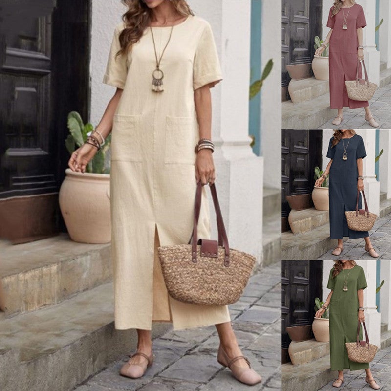 2023 cross-border summer New Amazon wish hot cotton and linen solid color loose round neck short sleeve dress for women Dark Blue  - Image 4