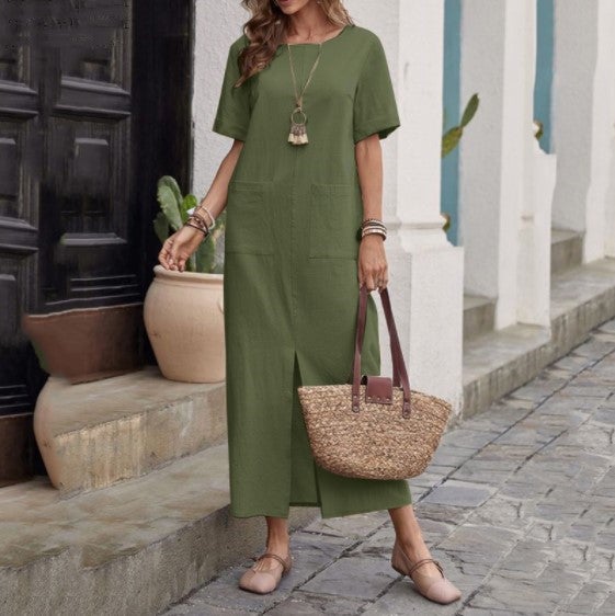 2023 cross-border summer New Amazon wish hot cotton and linen solid color loose round neck short sleeve dress for women Dark Blue  - Image 2