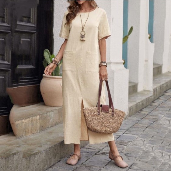 2023 cross-border summer New Amazon wish hot cotton and linen solid color loose round neck short sleeve dress for women Dark Blue  - Image 5