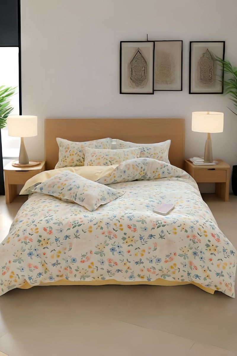 طقم سرير قطني خفيف مزهر، 4 قطع، 200×230 سم، مقاس مزدوج/كينج، أصفر ناعم - Image 1