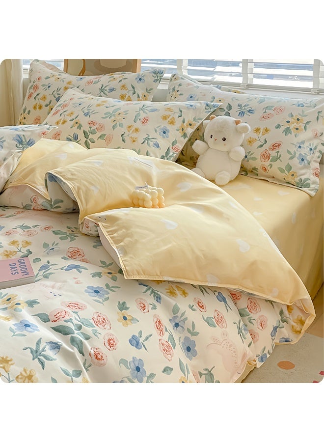 طقم سرير قطني خفيف مزهر، 4 قطع، 200×230 سم، مقاس مزدوج/كينج، أصفر ناعم - Image 4