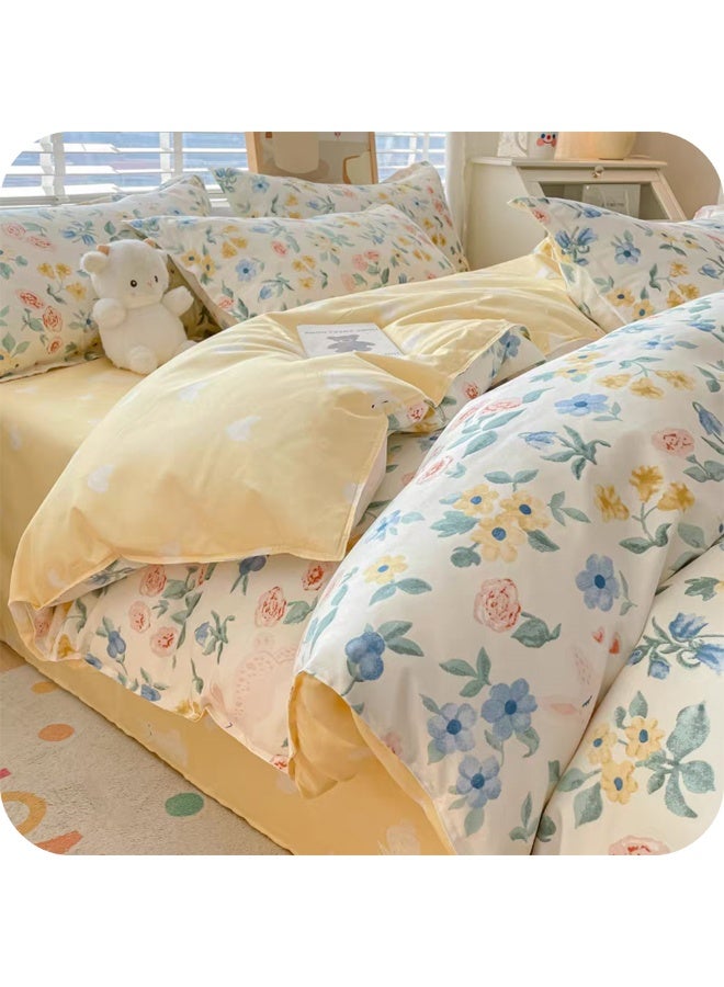 طقم سرير قطني خفيف مزهر، 4 قطع، 200×230 سم، مقاس مزدوج/كينج، أصفر ناعم - Image 2