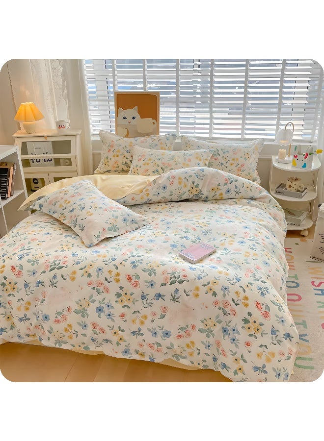 طقم سرير قطني خفيف مزهر، 4 قطع، 200×230 سم، مقاس مزدوج/كينج، أصفر ناعم - Image 3