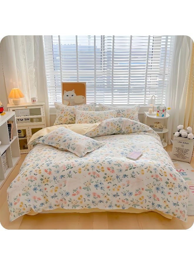 طقم سرير قطني خفيف مزهر، 4 قطع، 200×230 سم، مقاس مزدوج/كينج، أصفر ناعم - Image 5