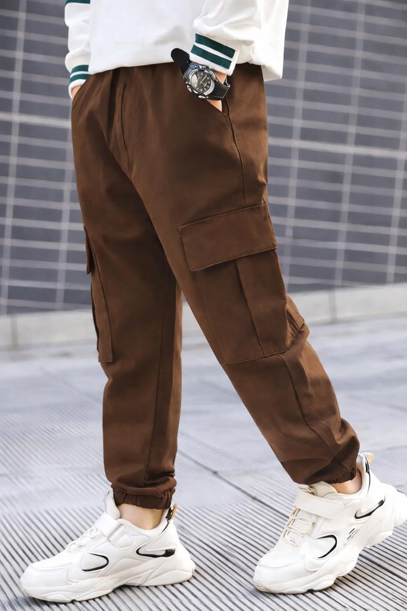 ADBUCKS Boys' Cotton Cargo Joggers – Soft, Casual Pants with Pockets II Boy's Relaxed Cargo Joggers Pants for Boy (in, Age, 11 Years, 12 Years, Brown) - Image 2