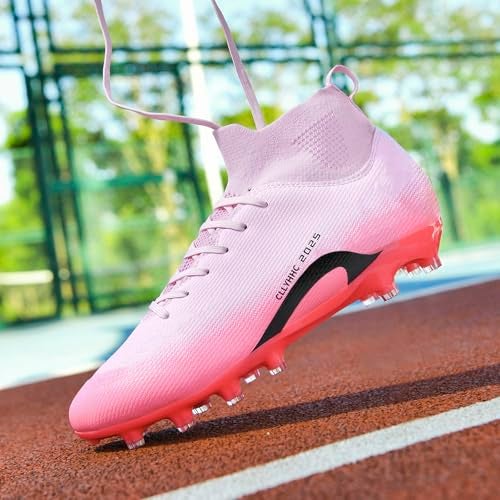 CLLYHHC Mens Womens Youth Soccer Shoes Indoor Outdoor Football Cleats Unisex Baseball Turf Shoe Rugby AG FG TF Football Boots Wide Training Sneaker Pink EU 45 - Image 3