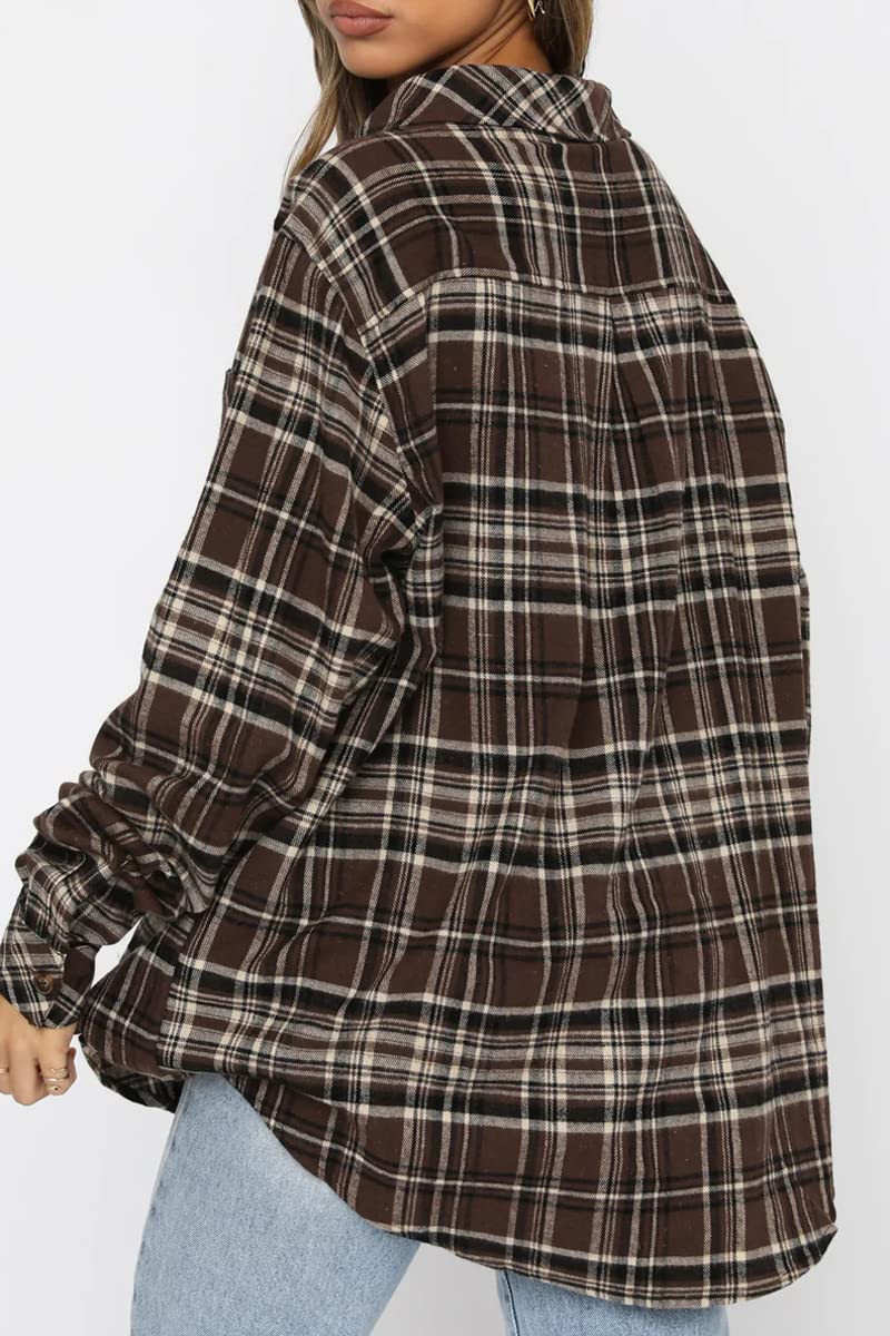 CHYRII Womens Button Down Flannel Shirts Long Sleeve Plaid Shacket Business Casual Blouse Topss Coffee-7111 L - Image 4