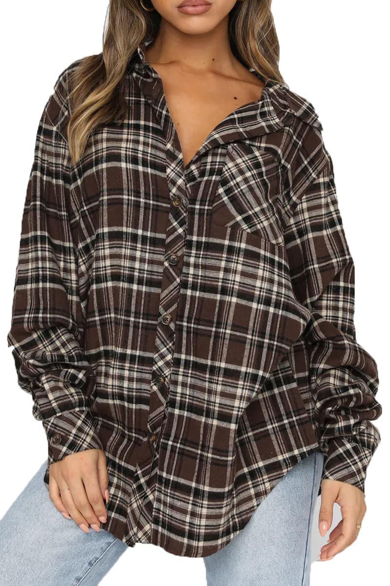 CHYRII Womens Button Down Flannel Shirts Long Sleeve Plaid Shacket Business Casual Blouse Topss Coffee-7111 L - Image 1