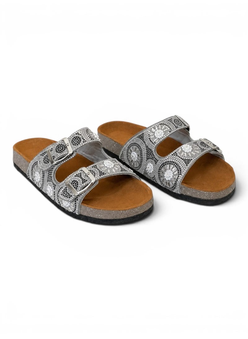 LIFESTYLISH Slippers Flat Leather Embellished with decorative patterns SL-243 - Silver - Image 2