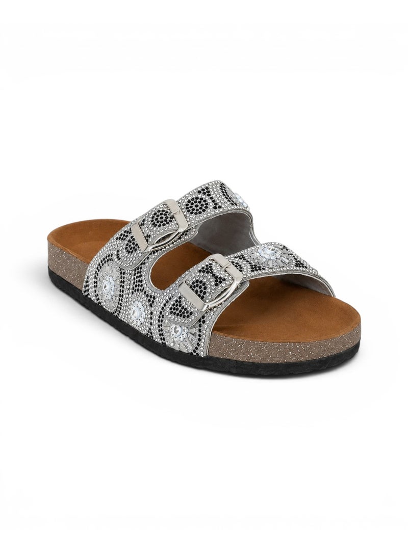 LIFESTYLISH Slippers Flat Leather Embellished with decorative patterns SL-243 - Silver - Image 3