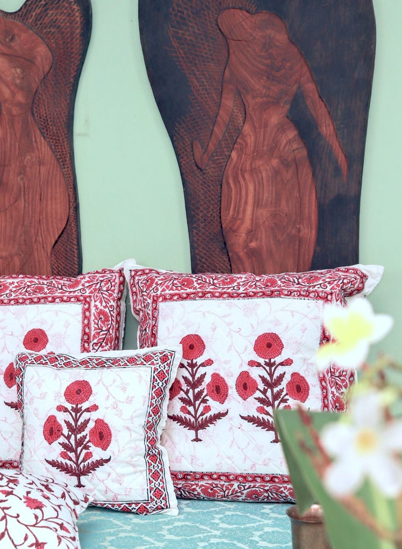 OJARIYA Hand Block Printed Pink Rose Organic Soft Cotton Quilted Cushion Cover 65 Cm X 65 Cm - Image 2
