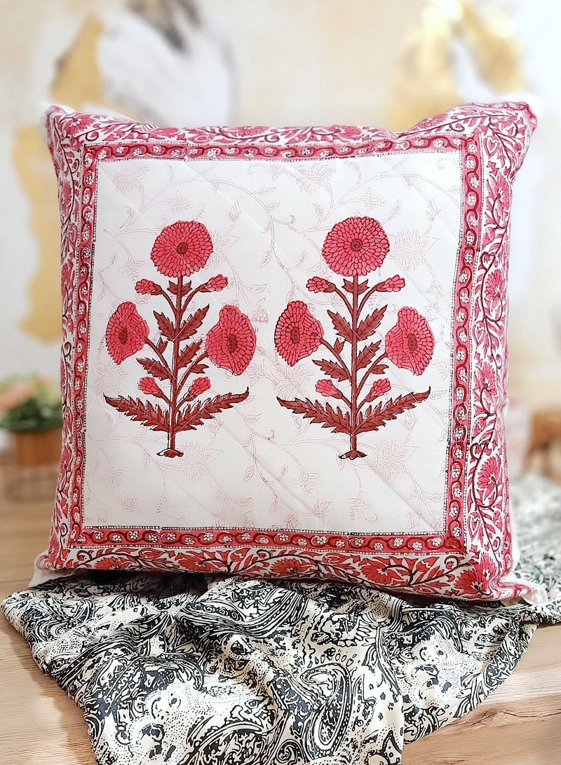 OJARIYA Hand Block Printed Pink Rose Organic Soft Cotton Quilted Cushion Cover 65 Cm X 65 Cm - Image 1