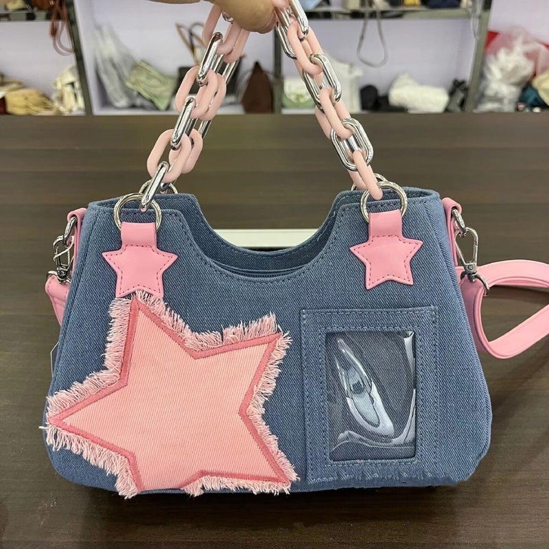 OATSBAS Cute Shoulder Bag Crossbody Bag for Women Y2K Star Patchwork Denim Messenger Handbag for Teen Girls (Light Blue) - Image 4
