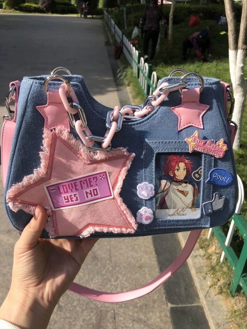 OATSBAS Cute Shoulder Bag Crossbody Bag for Women Y2K Star Patchwork Denim Messenger Handbag for Teen Girls (Light Blue) - Image 5