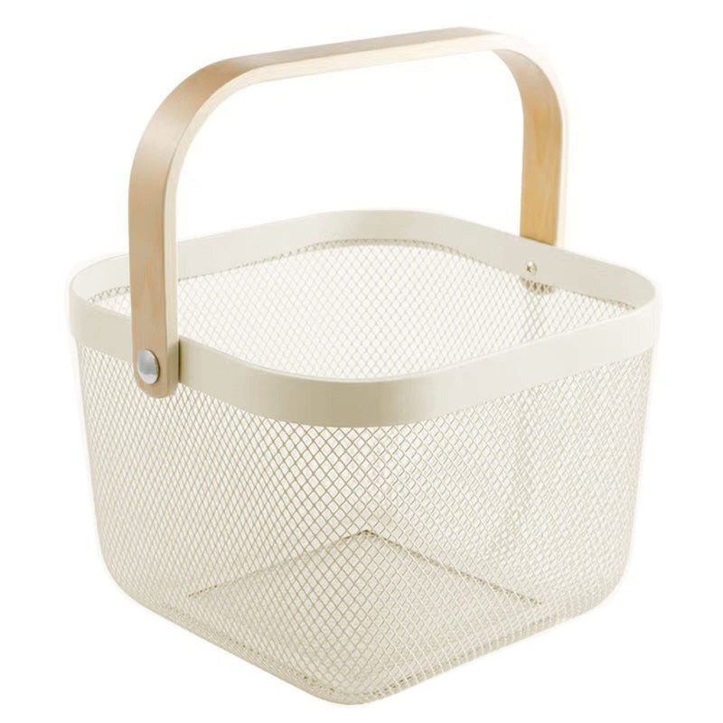 AJIODA Metal Mesh Steel Basket, Storage Organizer Basket Multi-functional Hanging Kitchen Baskets Fruit Basket Bin with Bamboo Handle for Kitchen Bathroom Picnic Shopping Decor Cabinet Home, Beige - Image 1