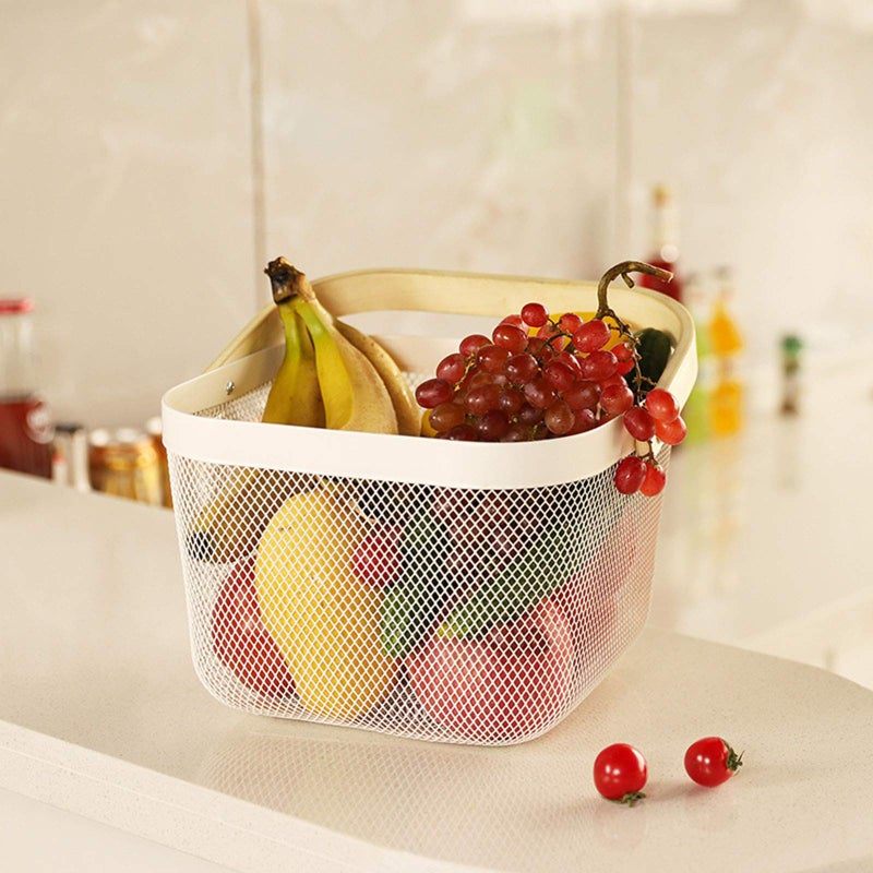 AJIODA Metal Mesh Steel Basket, Storage Organizer Basket Multi-functional Hanging Kitchen Baskets Fruit Basket Bin with Bamboo Handle for Kitchen Bathroom Picnic Shopping Decor Cabinet Home, Beige - Image 2