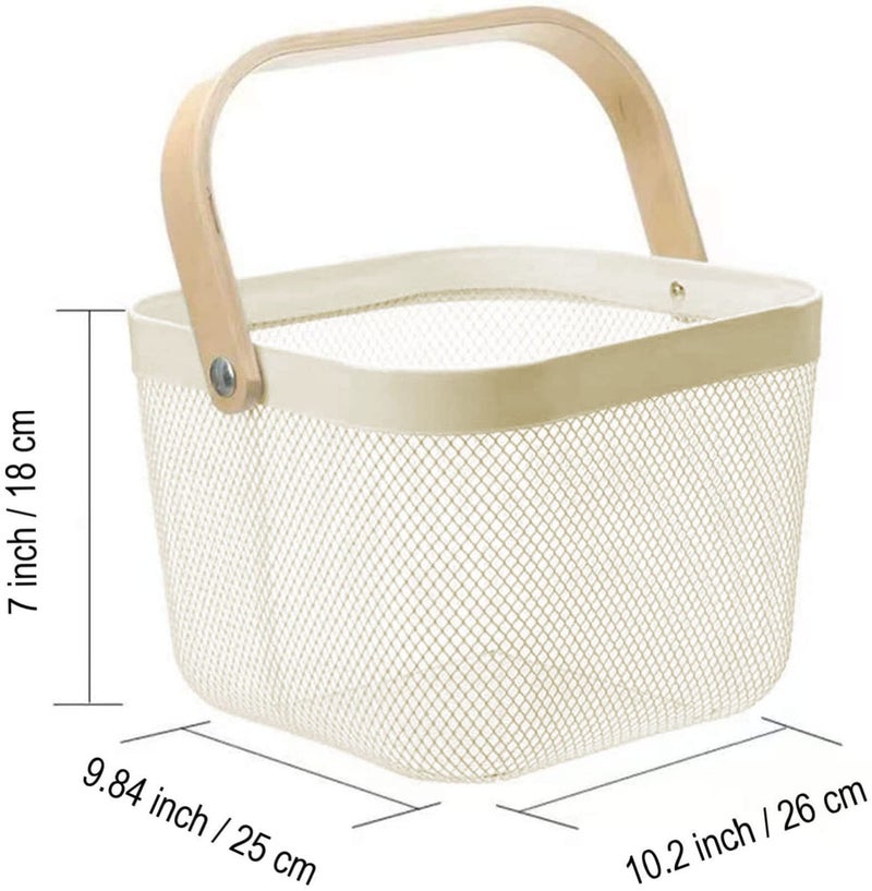 AJIODA Metal Mesh Steel Basket, Storage Organizer Basket Multi-functional Hanging Kitchen Baskets Fruit Basket Bin with Bamboo Handle for Kitchen Bathroom Picnic Shopping Decor Cabinet Home, Beige - Image 4