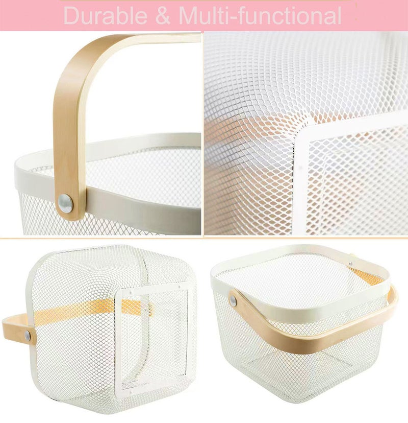 AJIODA Metal Mesh Steel Basket, Storage Organizer Basket Multi-functional Hanging Kitchen Baskets Fruit Basket Bin with Bamboo Handle for Kitchen Bathroom Picnic Shopping Decor Cabinet Home, Beige - Image 3