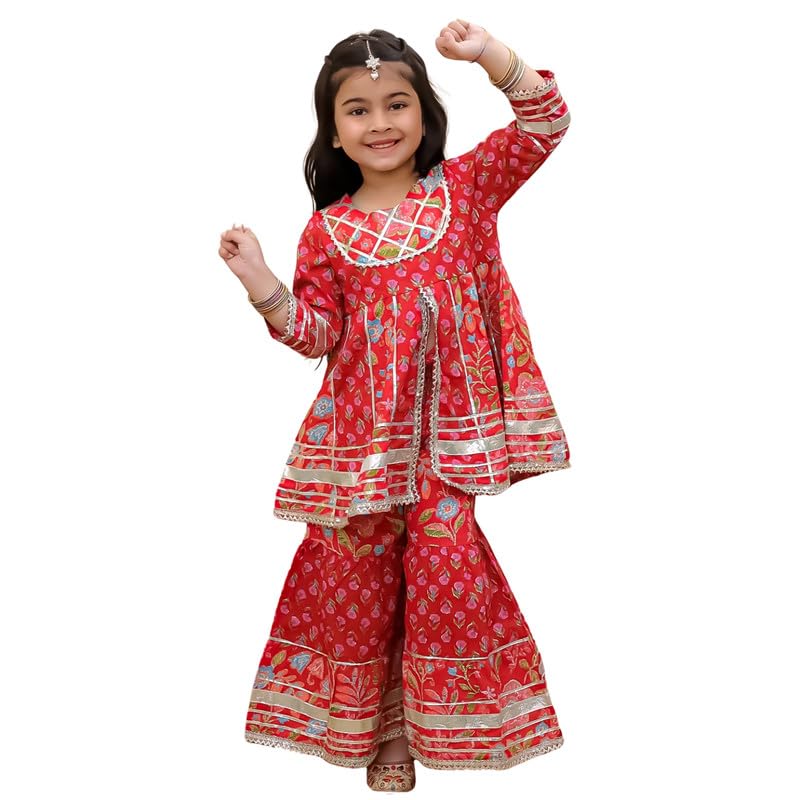 superminis Girls Cotton Floral Printed Gotta Work 3/4 Sleeves Flared Design Kurti & Sharara Set (3-4 Years, Red) - Image 1