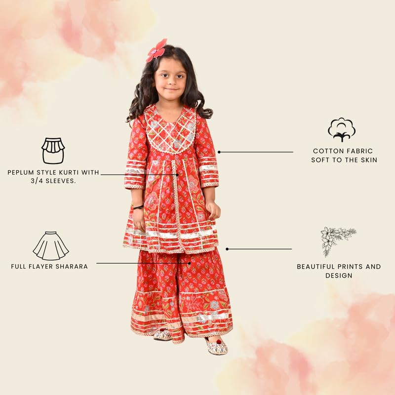 superminis Girls Cotton Floral Printed Gotta Work 3/4 Sleeves Flared Design Kurti & Sharara Set (3-4 Years, Red) - Image 2