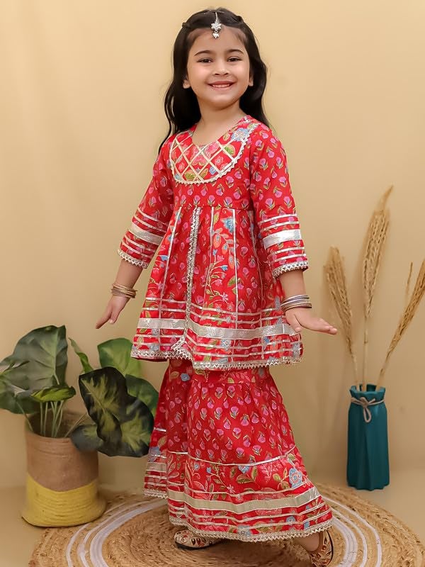 superminis Girls Cotton Floral Printed Gotta Work 3/4 Sleeves Flared Design Kurti & Sharara Set (3-4 Years, Red) - Image 4
